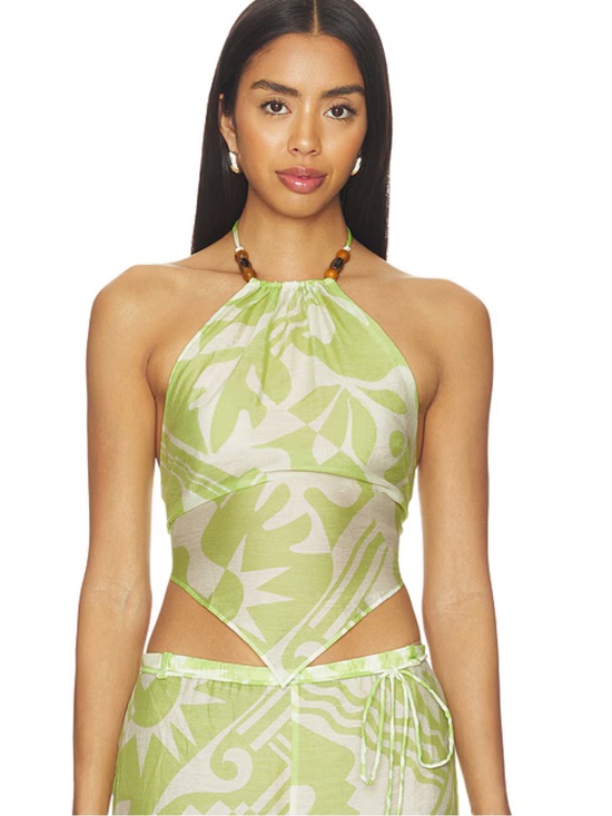 L'Academie Tops - L'Academie Green and White Halter Crop Top
